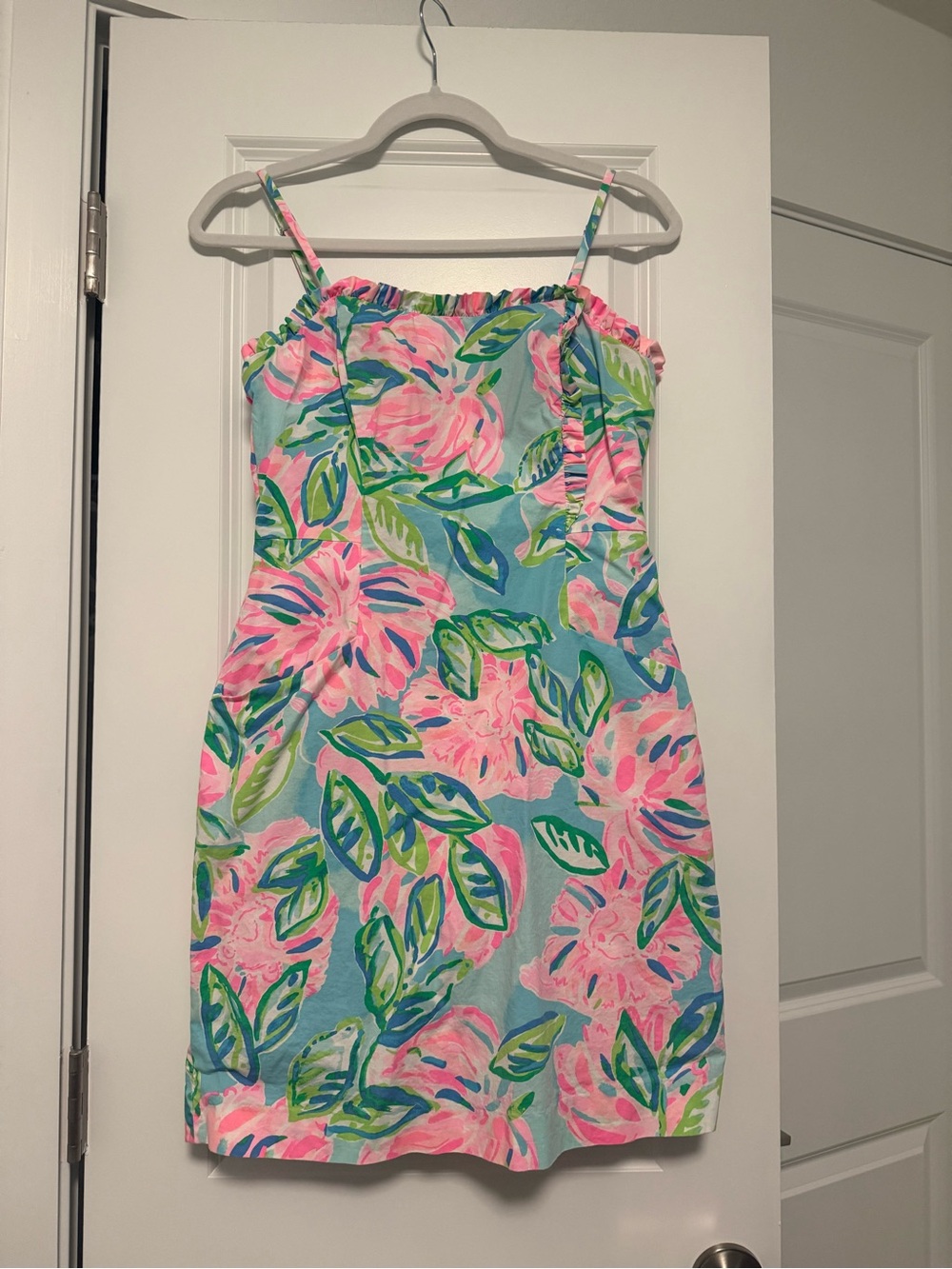 Lilly Pulitzer Brenda Stretch Dress Pink Floral with Aqua Base